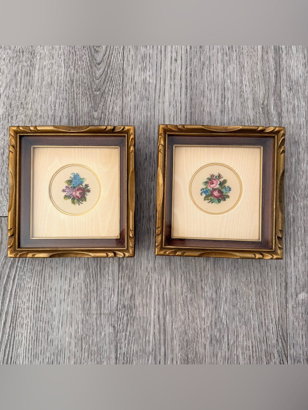 Vintage Floral Needlepoint Framed Wall Art Petit Point Roses Bouquet